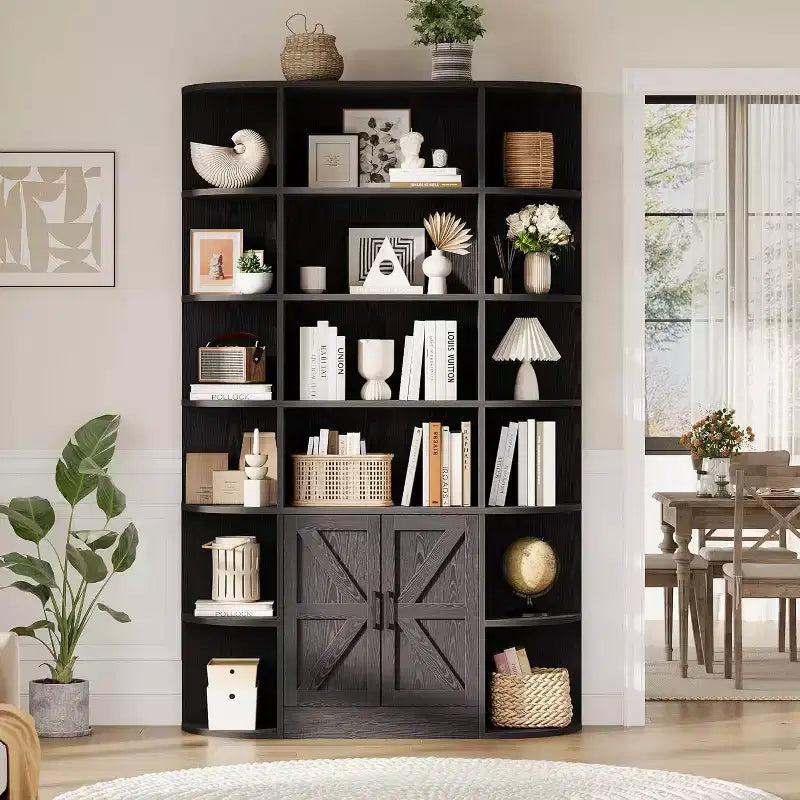 Modern 75 Tall 6-Tier Kids' Bookshelf with Cabinet & Doors - Wooden Storage Organizer & Display for Bedroom, Living Room & Home Office.