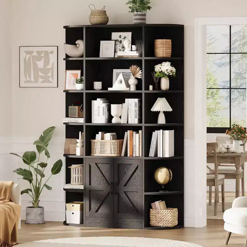 Modern 75 Tall 6-Tier Kids' Bookshelf with Cabinet & Doors - Wooden Storage Organizer & Display for Bedroom, Living Room & Home Office.