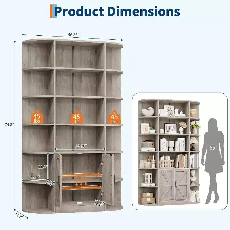 Modern 75 Tall 6-Tier Kids' Bookshelf with Cabinet & Doors - Wooden Storage Organizer & Display for Bedroom, Living Room & Home Office.