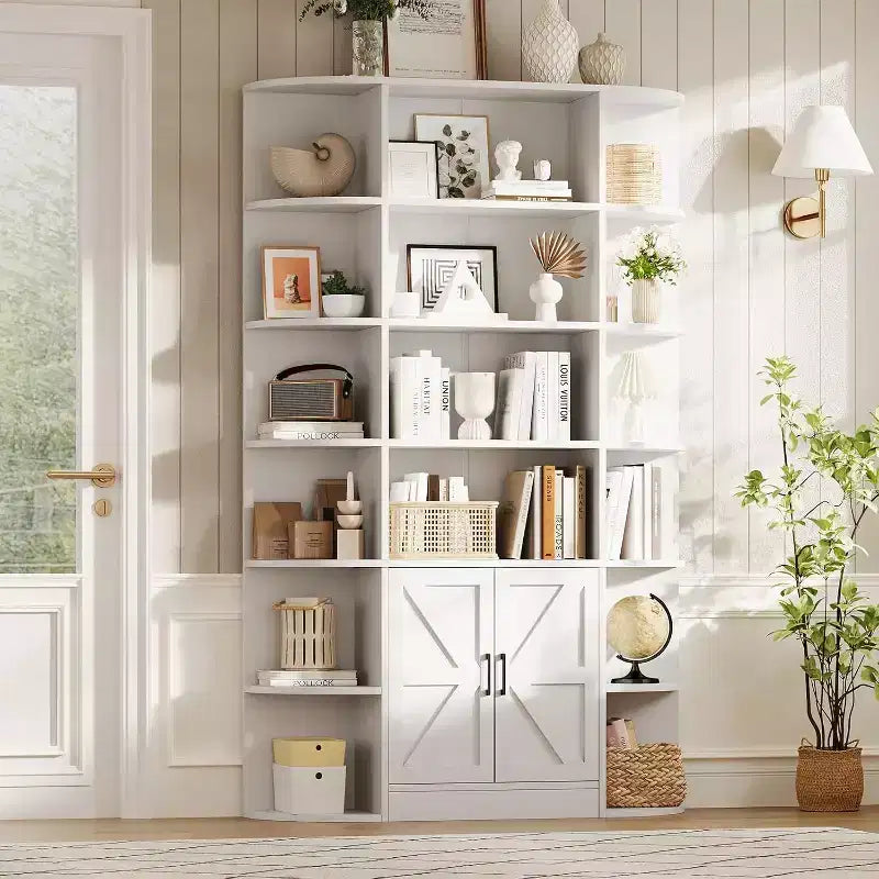 Modern 75 Tall 6-Tier Kids' Bookshelf with Cabinet & Doors - Wooden Storage Organizer & Display for Bedroom, Living Room & Home Office.