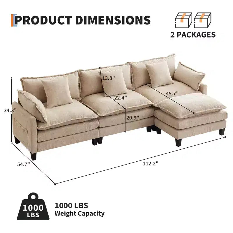 Acekool Oversized L Shaped Sectional Sofa, Modular Chenille 3 Seater Couch with Deep Seat and Ottoman, Comfy Convertible Sofa for Living Room
