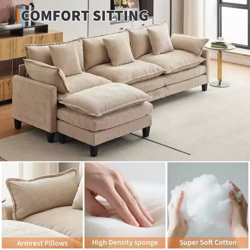 Acekool Oversized L Shaped Sectional Sofa, Modular Chenille 3 Seater Couch with Deep Seat and Ottoman, Comfy Convertible Sofa for Living Room