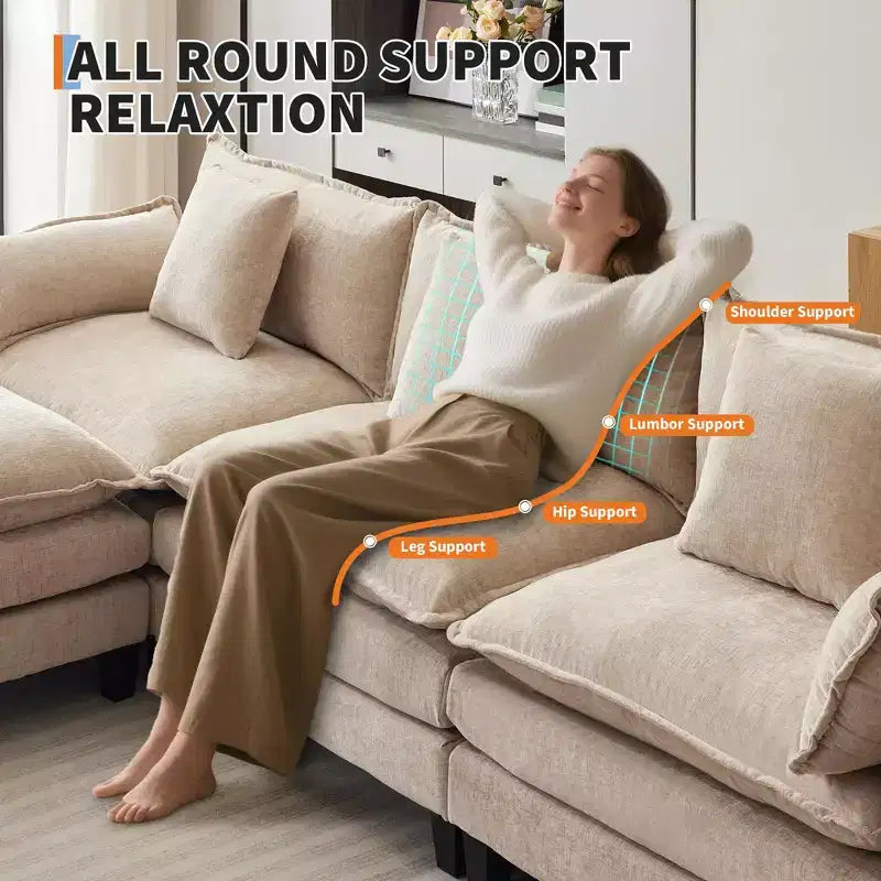 Acekool Oversized L Shaped Sectional Sofa, Modular Chenille 3 Seater Couch with Deep Seat and Ottoman, Comfy Convertible Sofa for Living Room