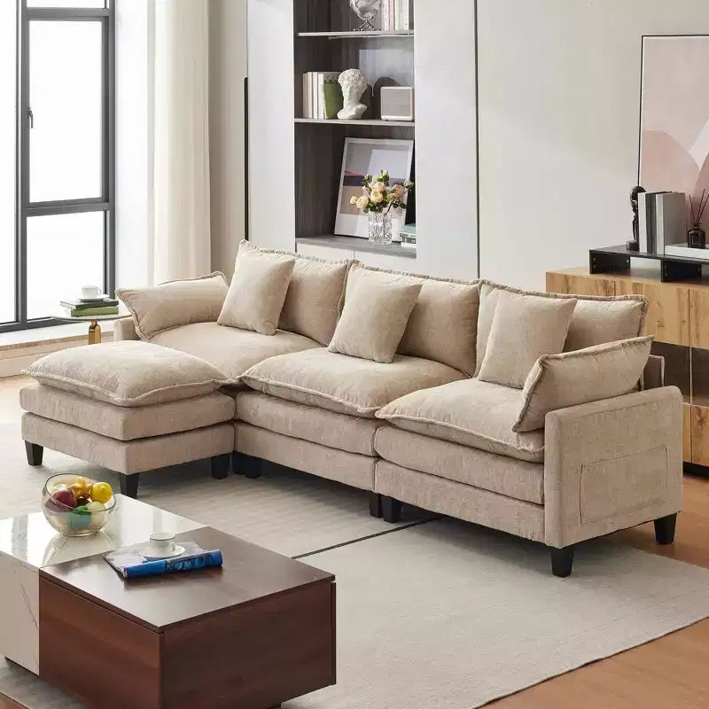 Acekool Oversized L Shaped Sectional Sofa, Modular Chenille 3 Seater Couch with Deep Seat and Ottoman, Comfy Convertible Sofa for Living Room