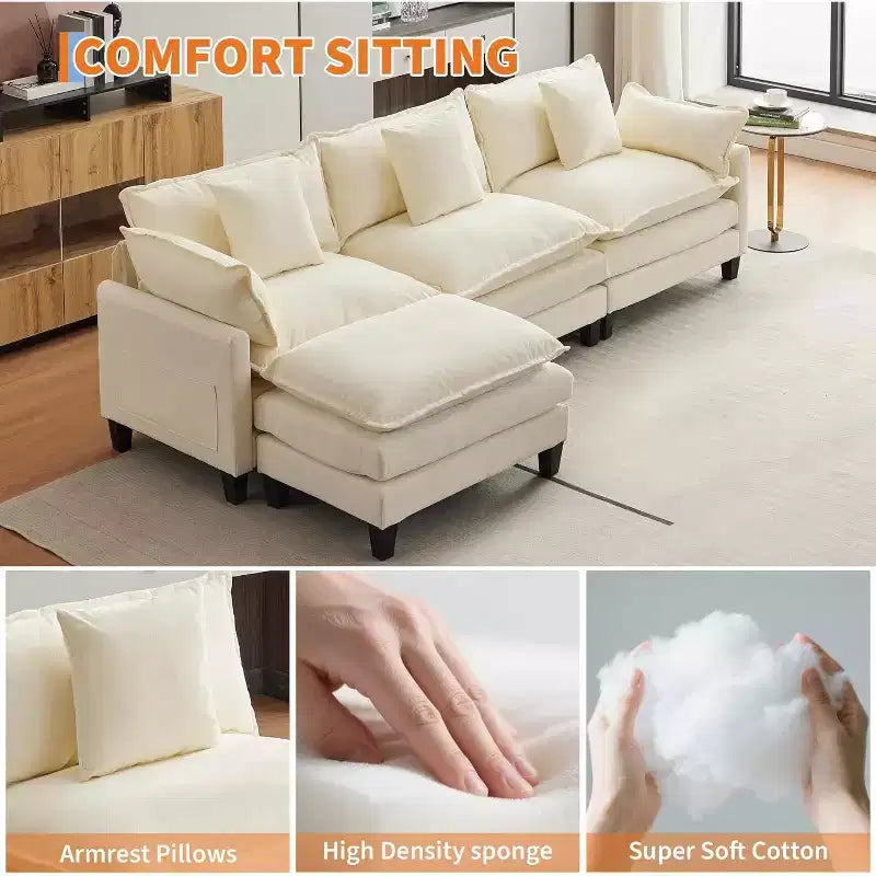 Acekool Oversized L Shaped Sectional Sofa, Modular Chenille 3 Seater Couch with Deep Seat and Ottoman, Comfy Convertible Sofa for Living Room