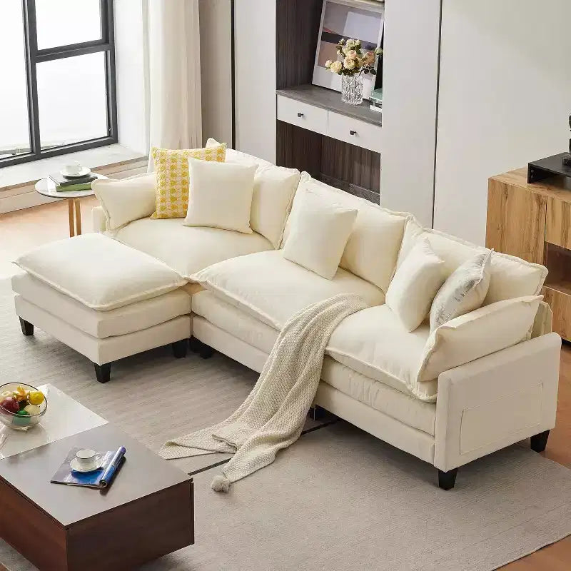 Acekool Oversized L Shaped Sectional Sofa, Modular Chenille 3 Seater Couch with Deep Seat and Ottoman, Comfy Convertible Sofa for Living Room