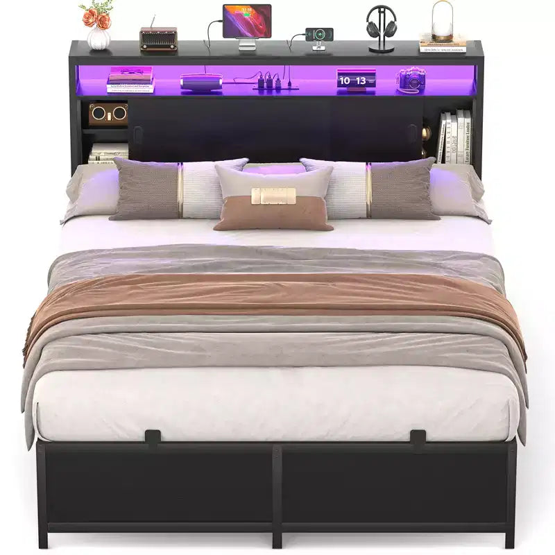 Besiost Storage Bed with Sliding Doors, LED Lights & USB Charging Station