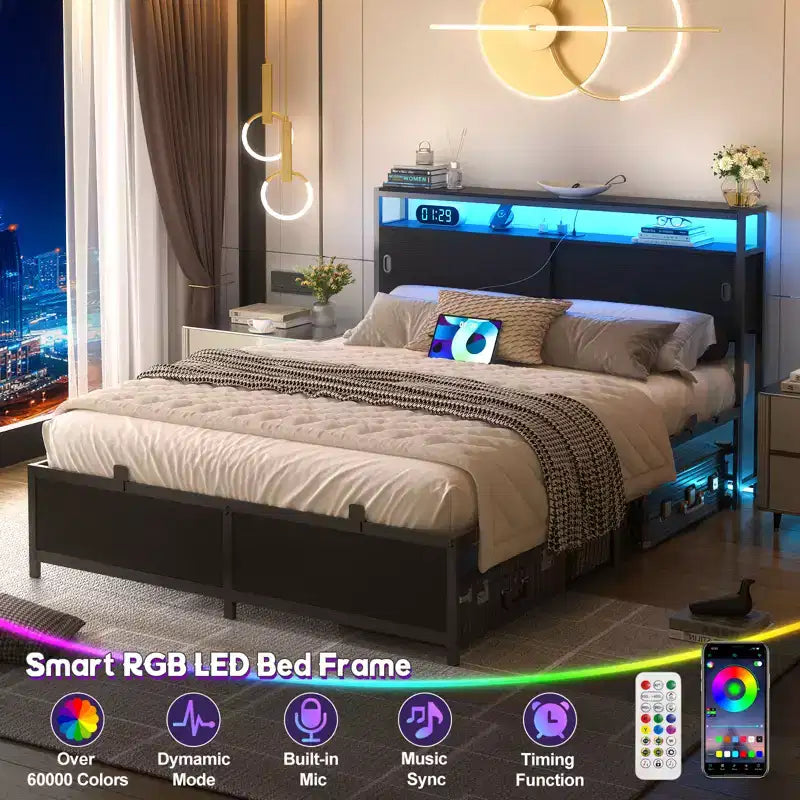 Besiost Storage Bed with Sliding Doors, LED Lights & USB Charging Station