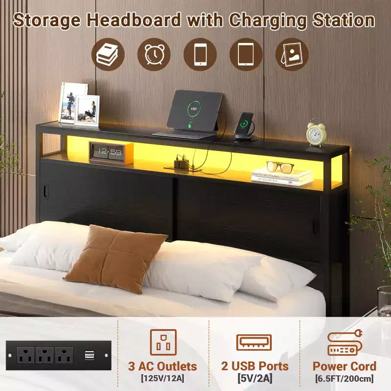 Besiost Storage Bed with Sliding Doors, LED Lights & USB Charging Station