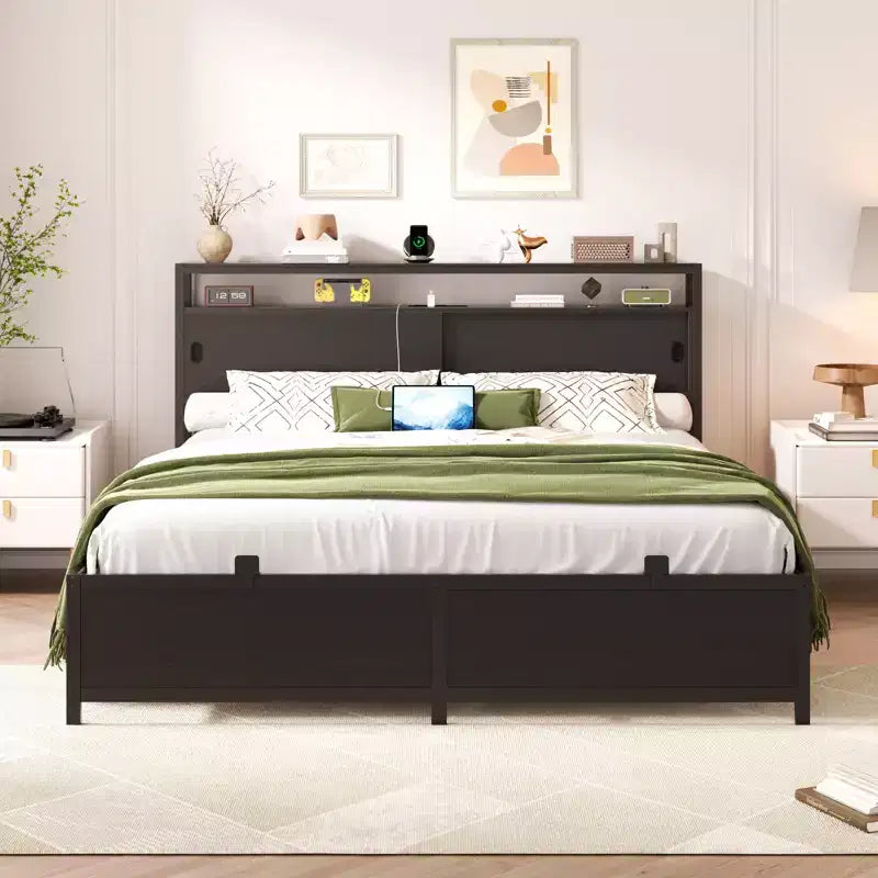 Besiost Storage Bed with Sliding Doors, LED Lights & USB Charging Station