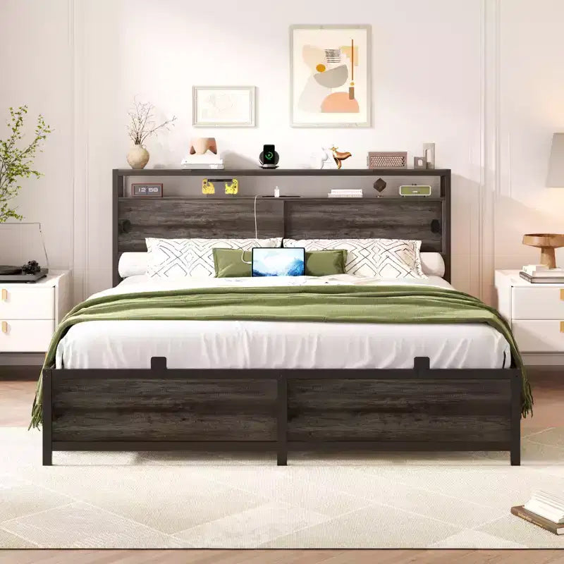 Besiost Storage Bed with Sliding Doors, LED Lights & USB Charging Station
