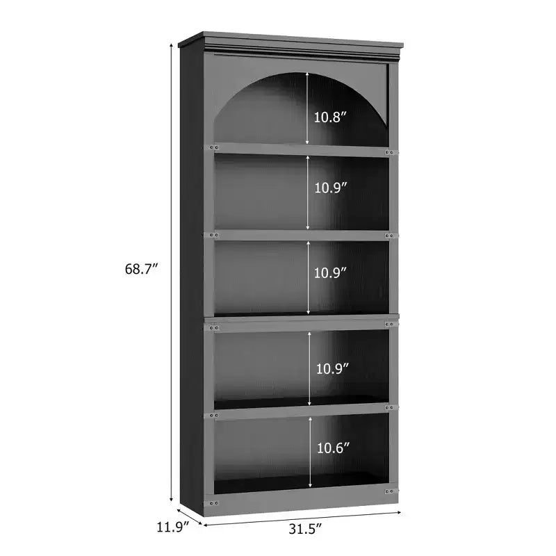 Farmhouse Arched Bookcase, 68.7 Tall Bookshelf w/Arche Design, Wooden Arch Bookshelf with Wooden Base, 5 Tier Bookshelves Rustic Vintage Book Shelf