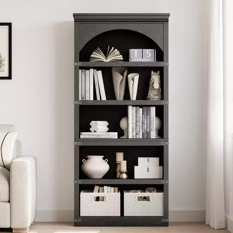 Farmhouse Arched Bookcase, 68.7 Tall Bookshelf w/Arche Design, Wooden Arch Bookshelf with Wooden Base, 5 Tier Bookshelves Rustic Vintage Book Shelf