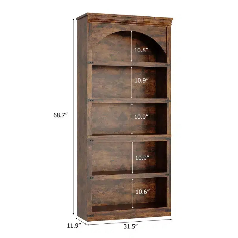 Farmhouse Arched Bookcase, 68.7 Tall Bookshelf w/Arche Design, Wooden Arch Bookshelf with Wooden Base, 5 Tier Bookshelves Rustic Vintage Book Shelf