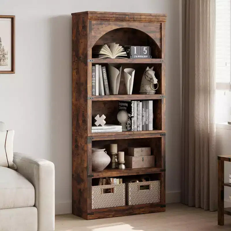 Farmhouse Arched Bookcase, 68.7 Tall Bookshelf w/Arche Design, Wooden Arch Bookshelf with Wooden Base, 5 Tier Bookshelves Rustic Vintage Book Shelf