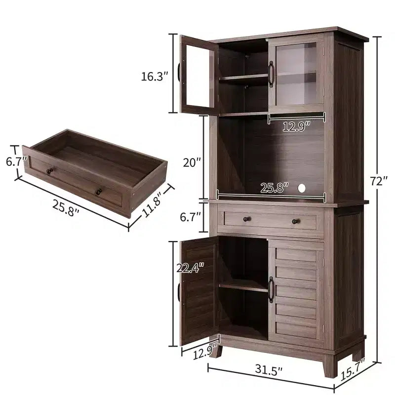 Elegant Black Modern Wood Pantry Coffee Cabinet with Ample Storage, Spacious 72 Tall Kitchen Bar Cabinet Hutch Featuring 4 Stylish Glass Doors
