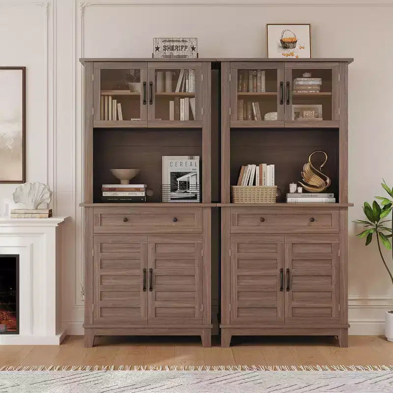 Elegant Black Modern Wood Pantry Coffee Cabinet with Ample Storage, Spacious 72 Tall Kitchen Bar Cabinet Hutch Featuring 4 Stylish Glass Doors