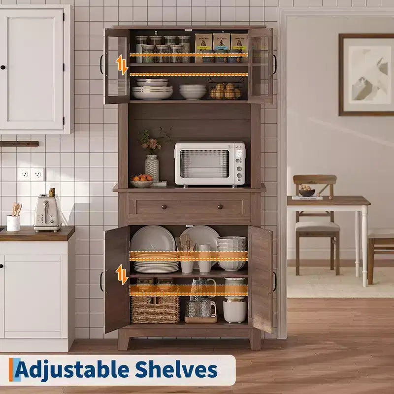 Elegant Black Modern Wood Pantry Coffee Cabinet with Ample Storage, Spacious 72 Tall Kitchen Bar Cabinet Hutch Featuring 4 Stylish Glass Doors