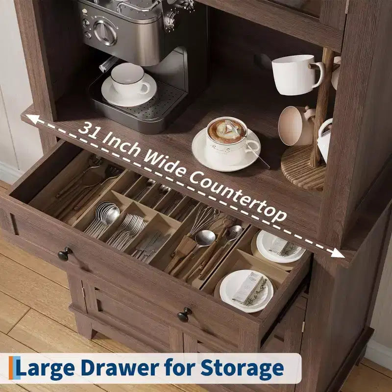 Elegant Black Modern Wood Pantry Coffee Cabinet with Ample Storage, Spacious 72 Tall Kitchen Bar Cabinet Hutch Featuring 4 Stylish Glass Doors