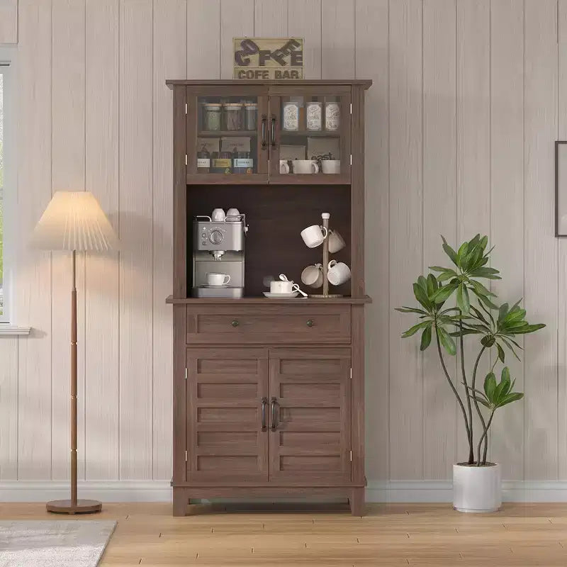 Elegant Black Modern Wood Pantry Coffee Cabinet with Ample Storage, Spacious 72 Tall Kitchen Bar Cabinet Hutch Featuring 4 Stylish Glass Doors