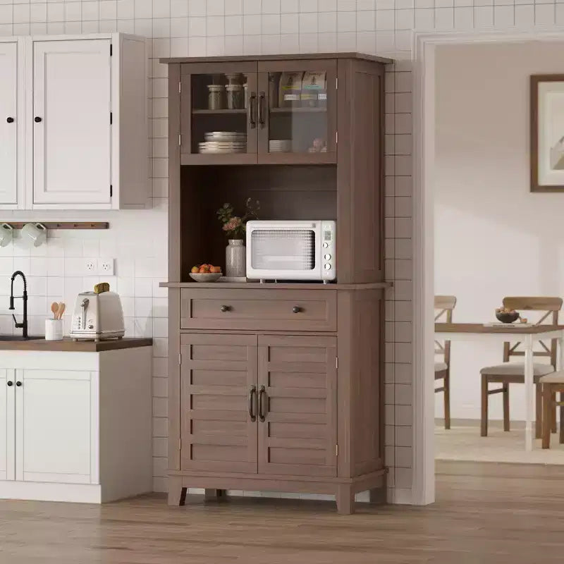 Elegant Black Modern Wood Pantry Coffee Cabinet with Ample Storage, Spacious 72 Tall Kitchen Bar Cabinet Hutch Featuring 4 Stylish Glass Doors