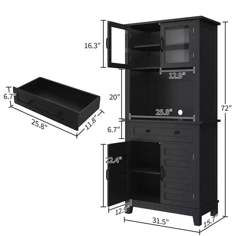 Elegant Black Modern Wood Pantry Coffee Cabinet with Ample Storage, Spacious 72 Tall Kitchen Bar Cabinet Hutch Featuring 4 Stylish Glass Doors