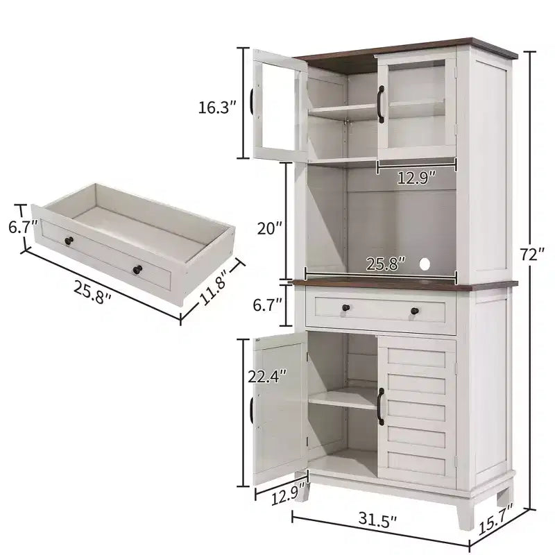 Elegant Black Modern Wood Pantry Coffee Cabinet with Ample Storage, Spacious 72 Tall Kitchen Bar Cabinet Hutch Featuring 4 Stylish Glass Doors