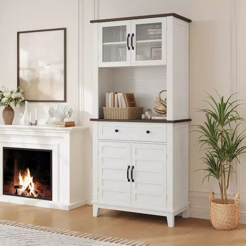 Elegant Black Modern Wood Pantry Coffee Cabinet with Ample Storage, Spacious 72 Tall Kitchen Bar Cabinet Hutch Featuring 4 Stylish Glass Doors