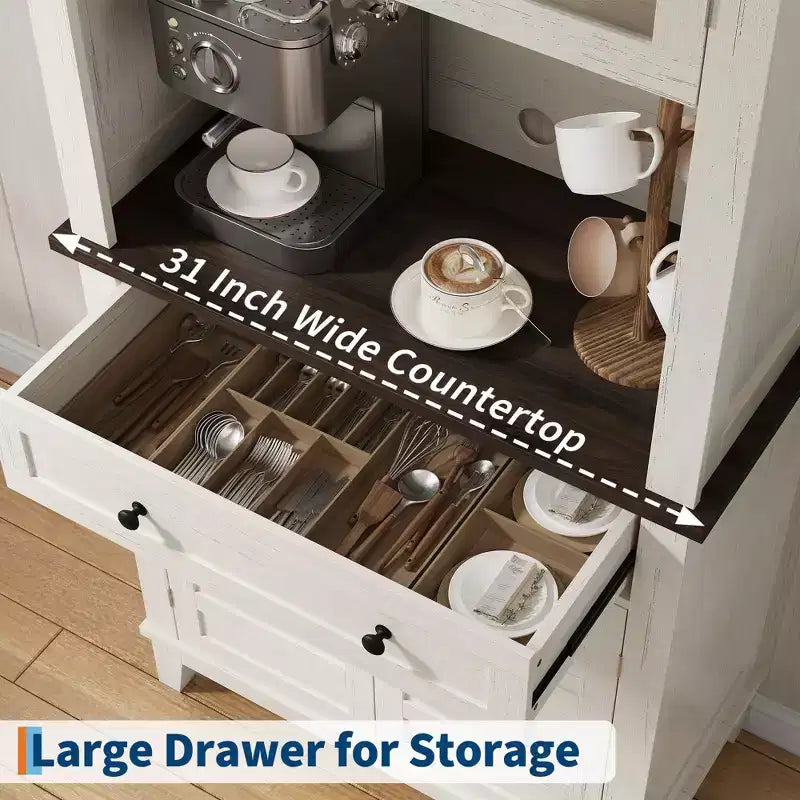 Elegant Black Modern Wood Pantry Coffee Cabinet with Ample Storage, Spacious 72 Tall Kitchen Bar Cabinet Hutch Featuring 4 Stylish Glass Doors