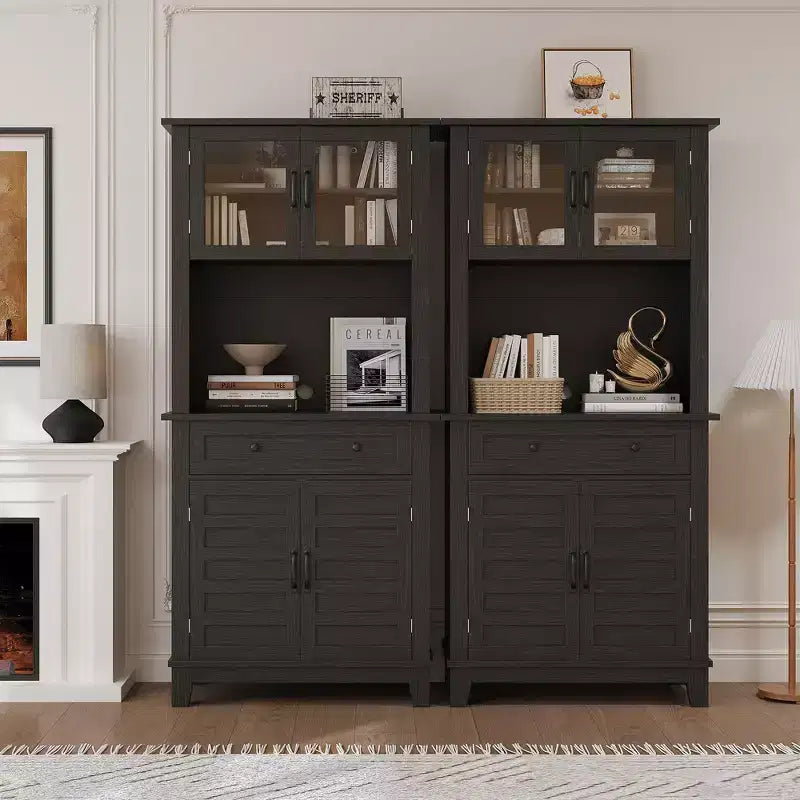 Elegant Black Modern Wood Pantry Coffee Cabinet with Ample Storage, Spacious 72 Tall Kitchen Bar Cabinet Hutch Featuring 4 Stylish Glass Doors