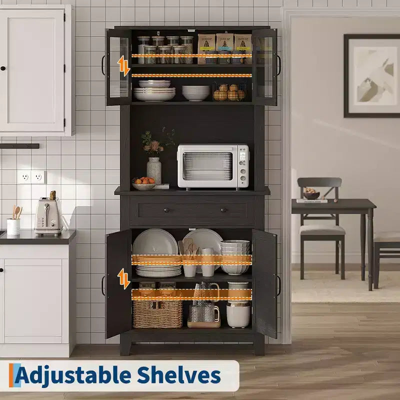 Elegant Black Modern Wood Pantry Coffee Cabinet with Ample Storage, Spacious 72 Tall Kitchen Bar Cabinet Hutch Featuring 4 Stylish Glass Doors