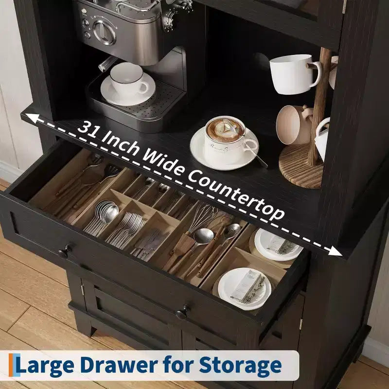 Elegant Black Modern Wood Pantry Coffee Cabinet with Ample Storage, Spacious 72 Tall Kitchen Bar Cabinet Hutch Featuring 4 Stylish Glass Doors
