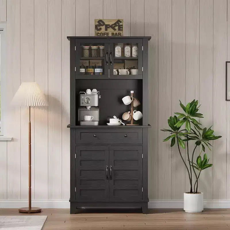 Elegant Black Modern Wood Pantry Coffee Cabinet with Ample Storage, Spacious 72 Tall Kitchen Bar Cabinet Hutch Featuring 4 Stylish Glass Doors