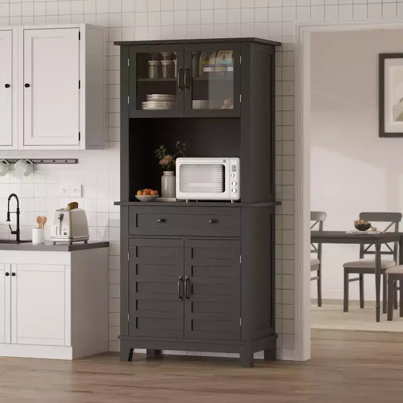 Elegant Black Modern Wood Pantry Coffee Cabinet with Ample Storage, Spacious 72 Tall Kitchen Bar Cabinet Hutch Featuring 4 Stylish Glass Doors