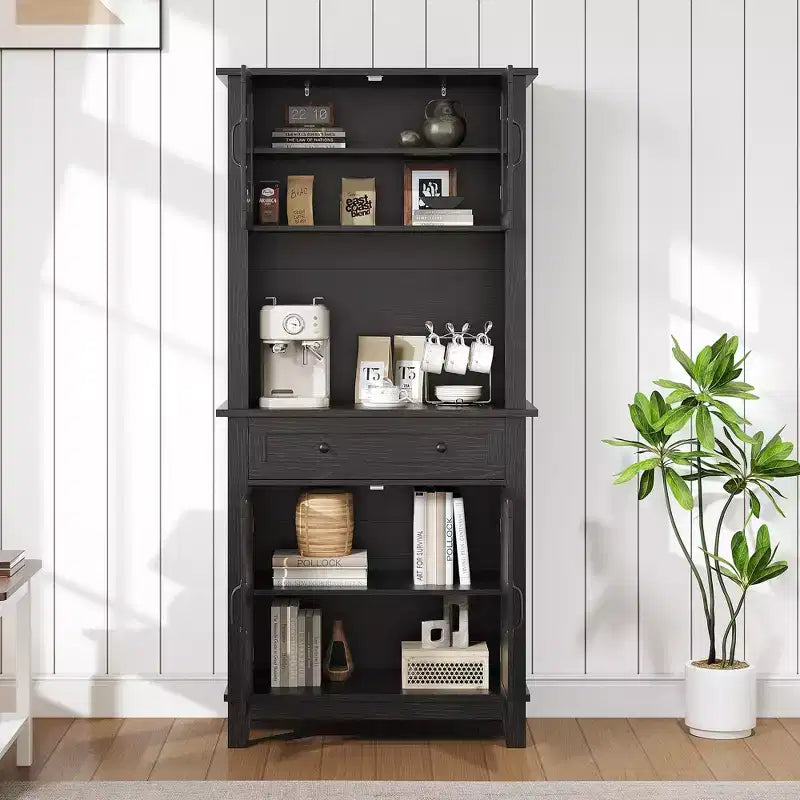 Elegant Black Modern Wood Pantry Coffee Cabinet with Ample Storage, Spacious 72 Tall Kitchen Bar Cabinet Hutch Featuring 4 Stylish Glass Doors