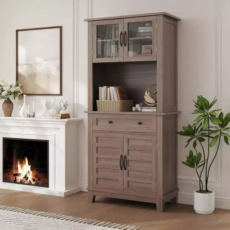 Elegant Black Modern Wood Pantry Coffee Cabinet with Ample Storage, Spacious 72 Tall Kitchen Bar Cabinet Hutch Featuring 4 Stylish Glass Doors