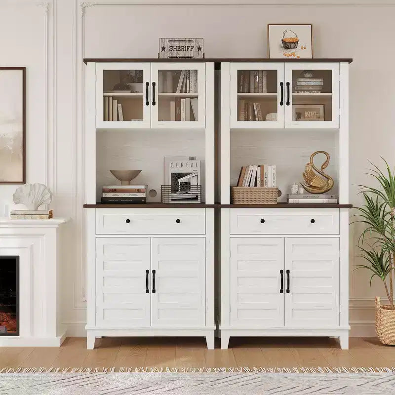 Elegant Black Modern Wood Pantry Coffee Cabinet with Ample Storage, Spacious 72 Tall Kitchen Bar Cabinet Hutch Featuring 4 Stylish Glass Doors