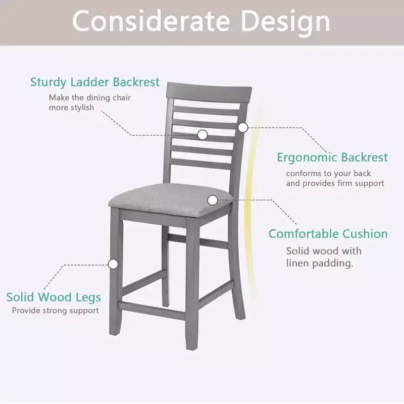 MAYEERTY Set of 4 Wooden Counter Height Chairs, Padded Upholstered Seat, Dining Room Kitchen, Gray
