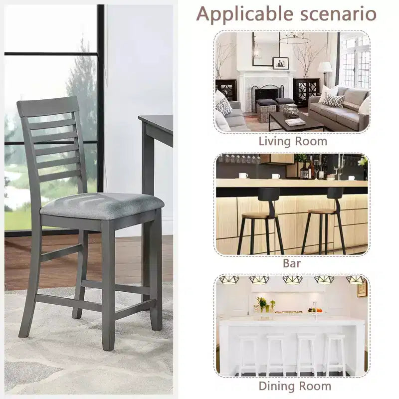 MAYEERTY Set of 4 Wooden Counter Height Chairs, Padded Upholstered Seat, Dining Room Kitchen, Gray