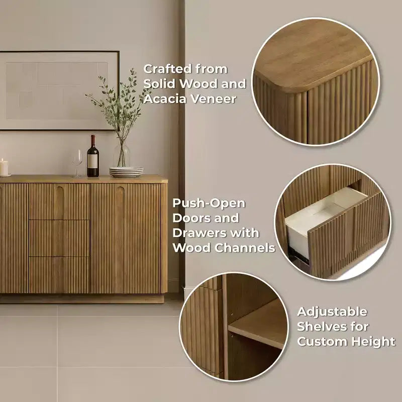 Teamson Home Potomac Modern Boho Solid Wood Sideboard with 3 Drawers, 2 Doors, Adjustable Shelf, & Push to Open Storage