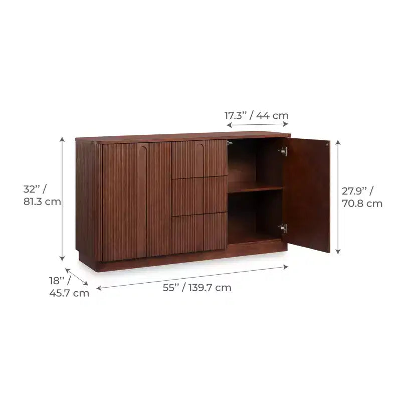 Teamson Home Potomac Modern Boho Solid Wood Sideboard with 3 Drawers, 2 Doors, Adjustable Shelf, & Push to Open Storage