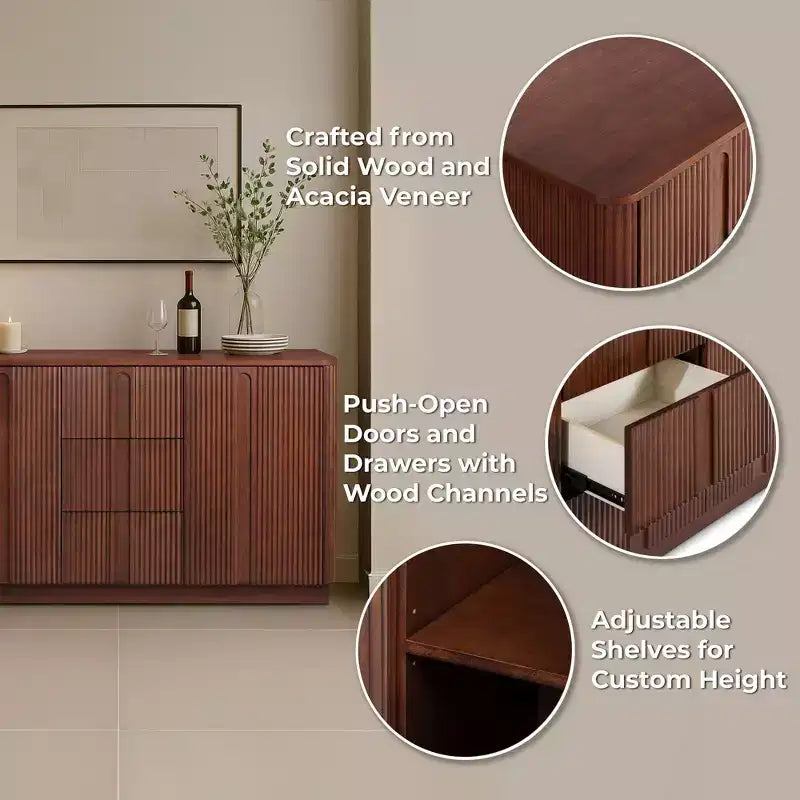 Teamson Home Potomac Modern Boho Solid Wood Sideboard with 3 Drawers, 2 Doors, Adjustable Shelf, & Push to Open Storage