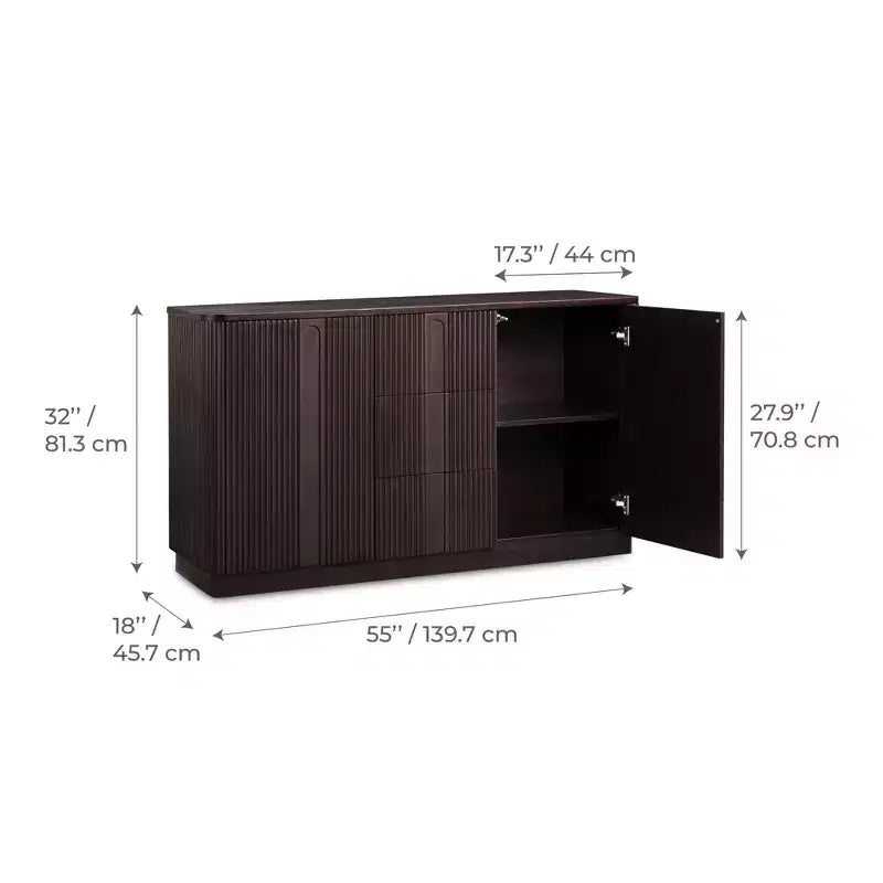 Teamson Home Potomac Modern Boho Solid Wood Sideboard with 3 Drawers, 2 Doors, Adjustable Shelf, & Push to Open Storage