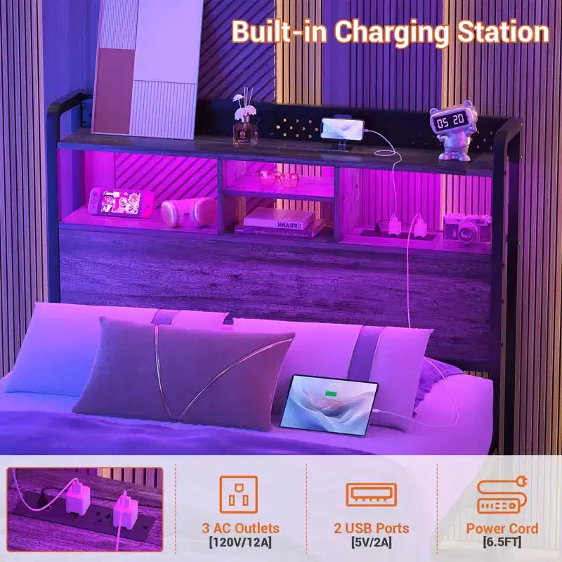 Besiost Storage Headboard with Led Lights & Charging Station