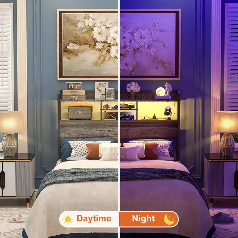 Besiost Storage Headboard with Led Lights & Charging Station