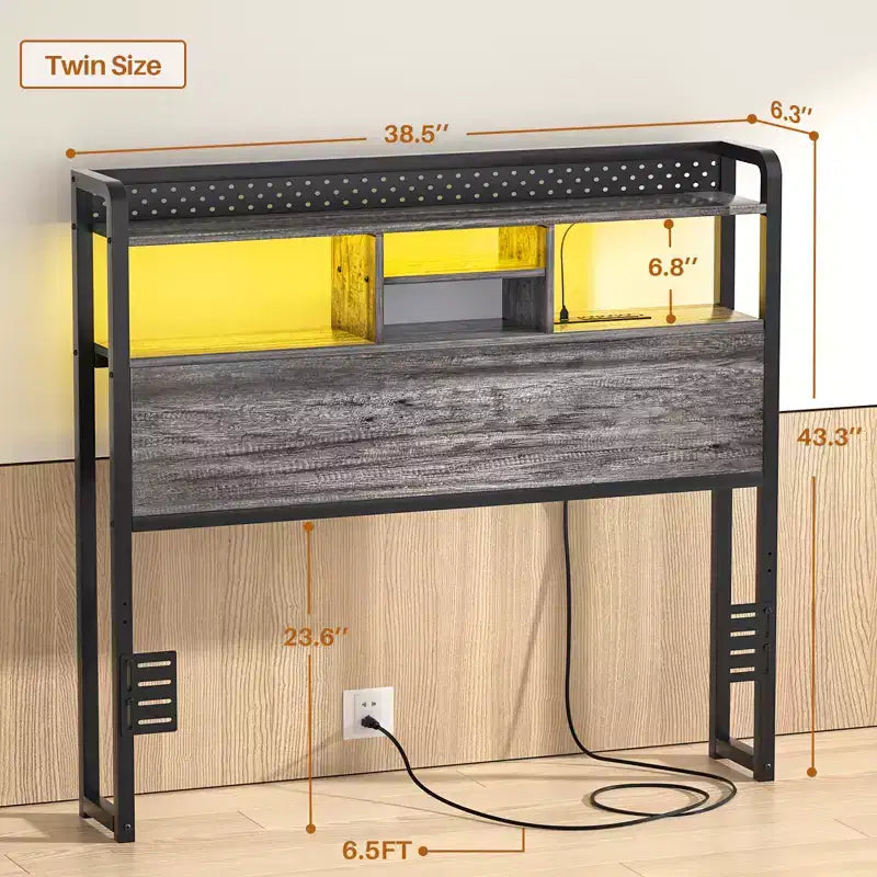 Besiost Storage Headboard with Led Lights & Charging Station