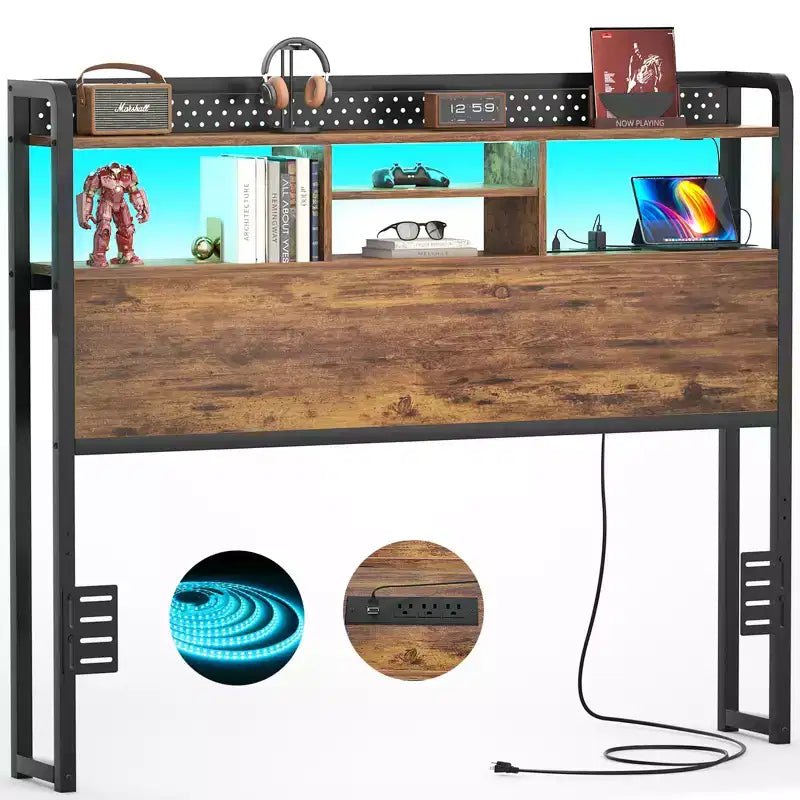 Besiost Storage Headboard with Led Lights & Charging Station