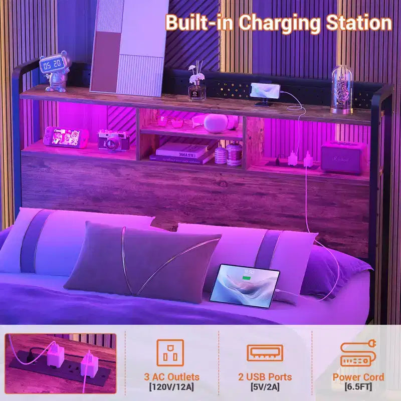 Besiost Storage Headboard with Led Lights & Charging Station
