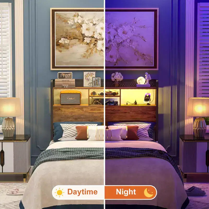 Besiost Storage Headboard with Led Lights & Charging Station