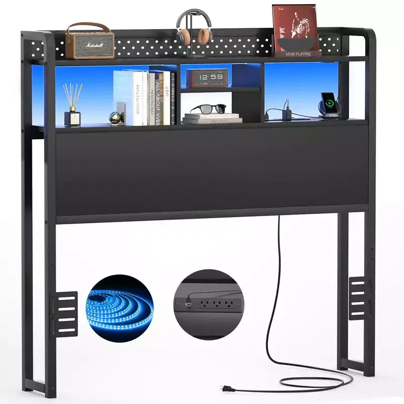 Besiost Storage Headboard with Led Lights & Charging Station
